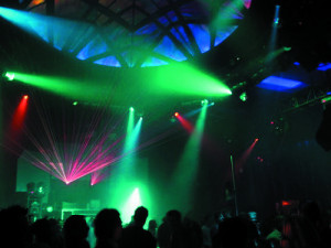 busy nightclub with strobe lights